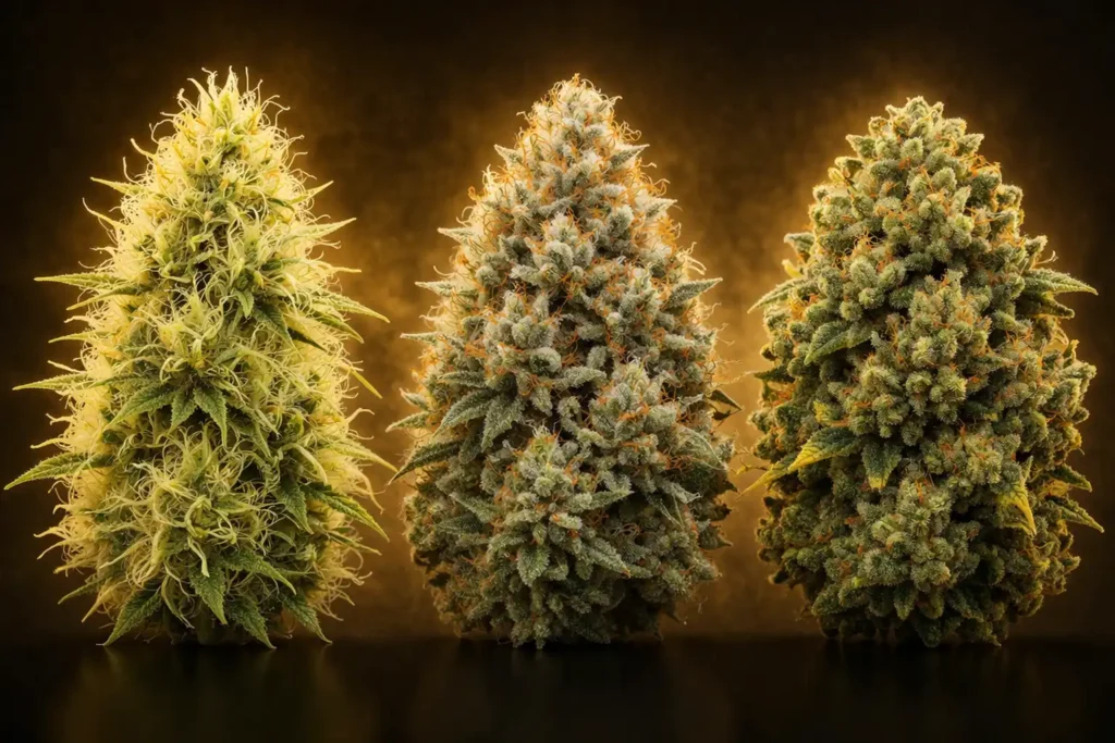 Pack de semillas cannabis Haze Legends con Amnesia Haze, Super Silver Haze y Critical 47 en fondo oscuro con iluminación dorada