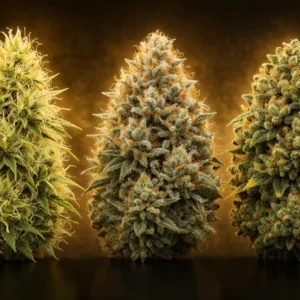 Pack de semillas cannabis Haze Legends con Amnesia Haze, Super Silver Haze y Critical 47 en fondo oscuro con iluminación dorada