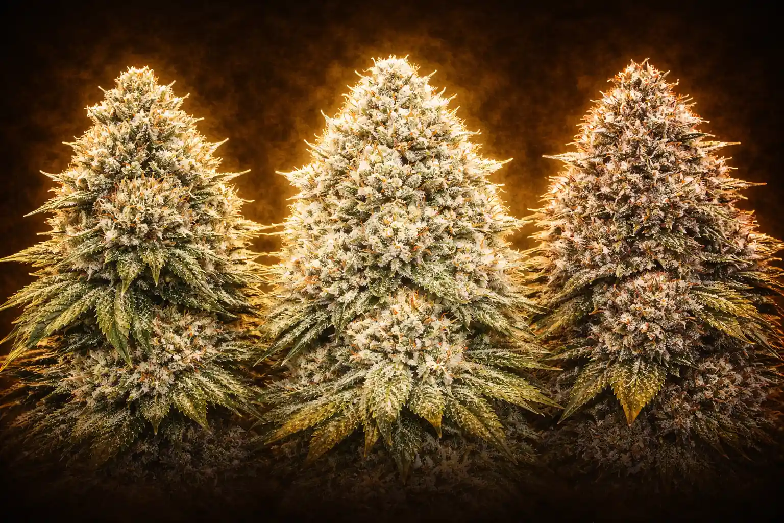 Pack de semillas cannabis Resin Master con Gorilla Glue 4, Wedding Cake y GMO Cookies con cogollos resinosos iluminados en dorado