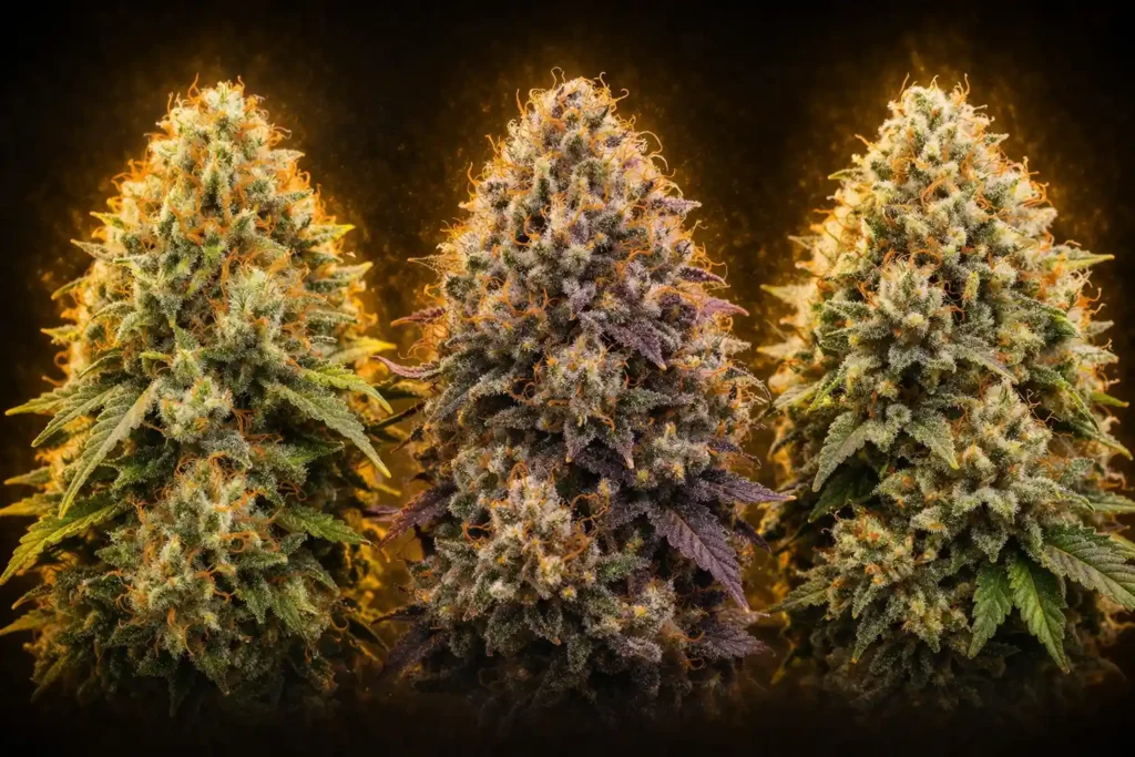 Pack de semillas cannabis Terpene Gold con Orange Sherbert, Cherry Pie y Apple Fritter destacando aromas y tricomas en luz dorada