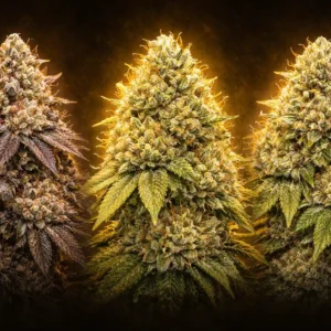 Pack de semillas cannabis The Cali Elite con Gelato 41, Zkittlez y Kush Mints en fondo oscuro con iluminación dorada