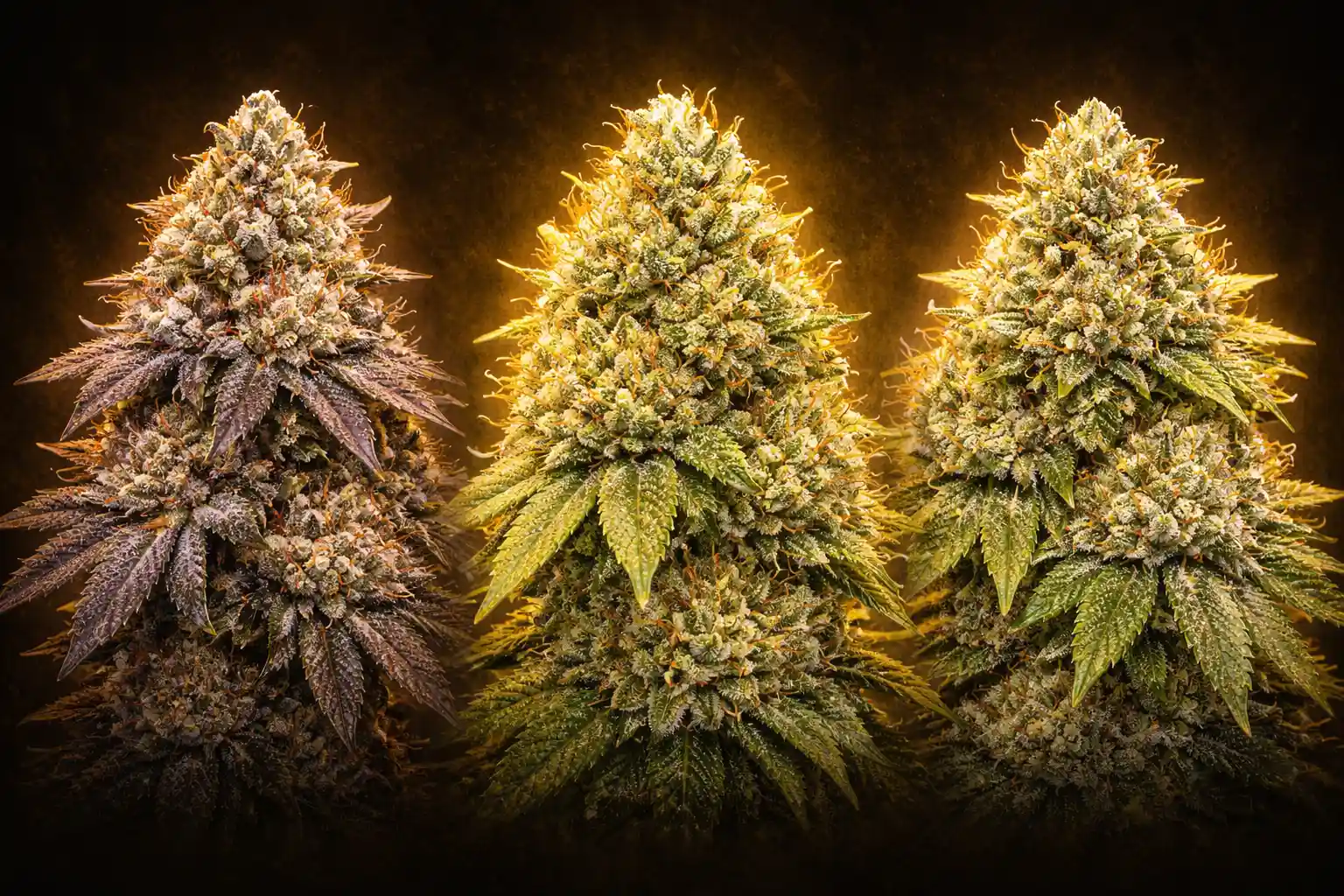 Pack de semillas cannabis The Cali Elite con Gelato 41, Zkittlez y Kush Mints en fondo oscuro con iluminación dorada